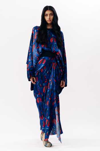 AK-OK_Blue Silk Printed Draped Pick Up Skirt _Online_at_Aza_Fashions