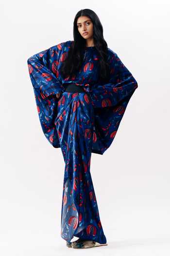Shop_AK-OK_Blue Silk Printed Draped Pick Up Skirt _at_Aza_Fashions