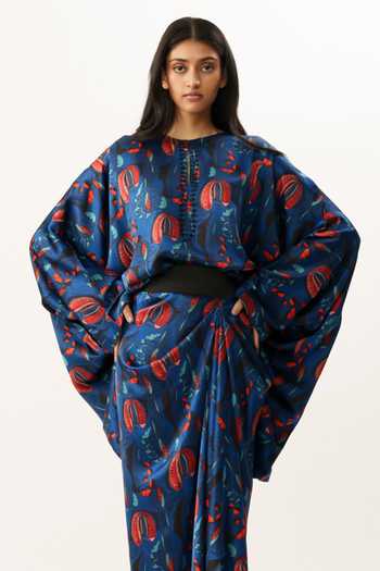 Buy_AK-OK_Blue Silk Printed Draped Pick Up Skirt _Online_at_Aza_Fashions