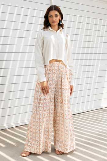 Buy_Akashi Clothing_White Cotton Collared Neck Butterfly Embroidered Cropped Shirt And Pant Set _Online_at_Aza_Fashions