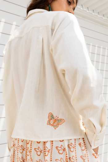 Shop_Akashi Clothing_White Cotton Collared Neck Butterfly Embroidered Cropped Shirt And Pant Set _Online_at_Aza_Fashions