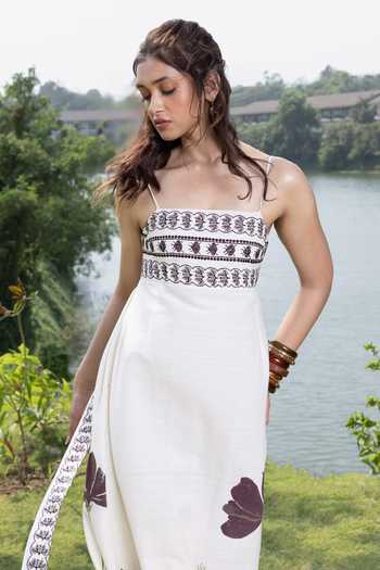 Akashi Clothing_Off White Cotton Square Neck Embroidered Organic Handwoven Dress _Online_at_Aza_Fashions