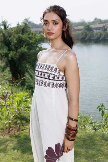 Buy_Akashi Clothing_Off White Cotton Square Neck Embroidered Organic Handwoven Dress _Online_at_Aza_Fashions