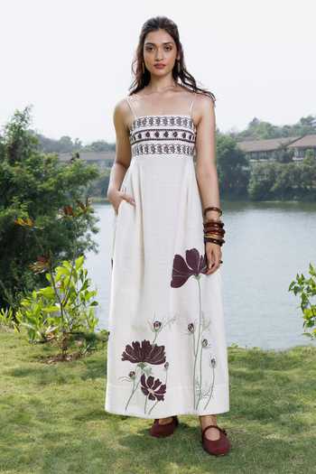 Buy_Akashi Clothing_Off White Cotton Square Neck Embroidered Organic Handwoven Dress _at_Aza_Fashions