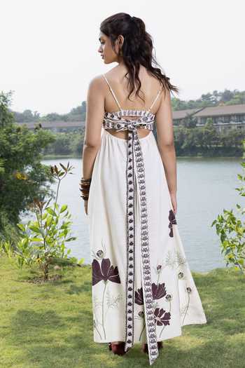 Shop_Akashi Clothing_Off White Cotton Square Neck Embroidered Organic Handwoven Dress _at_Aza_Fashions