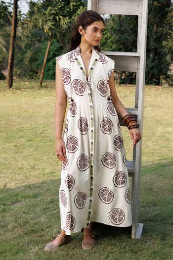 Buy_Akashi Clothing_Off White Cotton Collared Neck Pomegranate Print Dress _at_Aza_Fashions