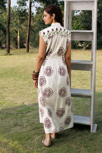 Shop_Akashi Clothing_Off White Cotton Collared Neck Pomegranate Print Dress _at_Aza_Fashions