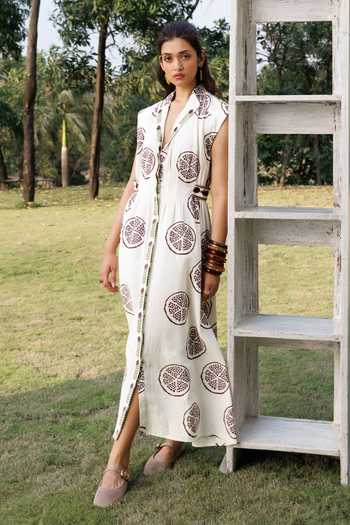 Shop_Akashi Clothing_Off White Cotton Collared Neck Pomegranate Print Dress _Online_at_Aza_Fashions
