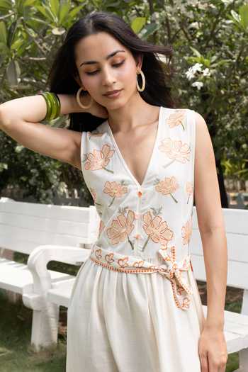 Buy_Akashi Clothing_Orange Cotton V-neck Floral Embroidered Maxi Dress _Online_at_Aza_Fashions
