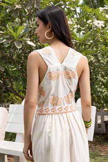 Shop_Akashi Clothing_Orange Cotton V-neck Floral Embroidered Maxi Dress _at_Aza_Fashions