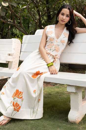 Akashi Clothing_Orange Cotton V-neck Floral Embroidered Maxi Dress _at_Aza_Fashions