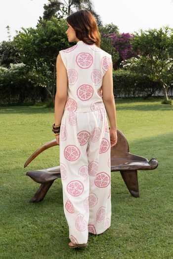 Shop_Akashi Clothing_Pink Cotton Mandarin Collar Pankou Button Vest Top And Pant Set _at_Aza_Fashions
