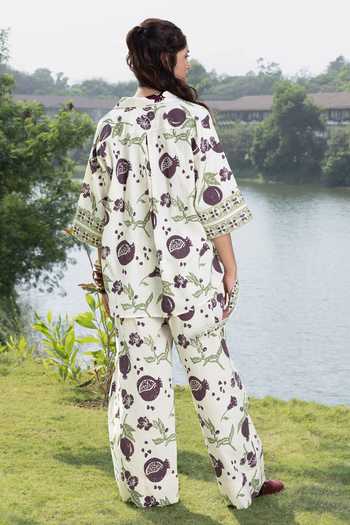 Shop_Akashi Clothing_Off White Cotton V-neck Hand-block Print Top With Pant _at_Aza_Fashions