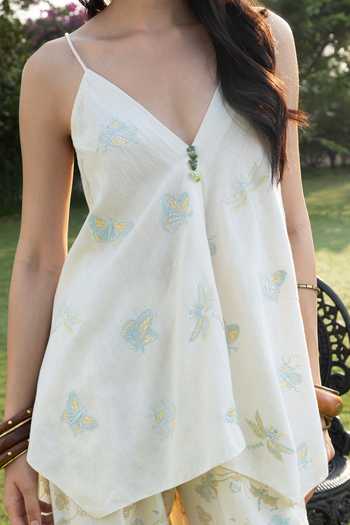 Akashi Clothing_Blue Cotton V-neck Embroidered Camisole Top And Pant Set _Online_at_Aza_Fashions