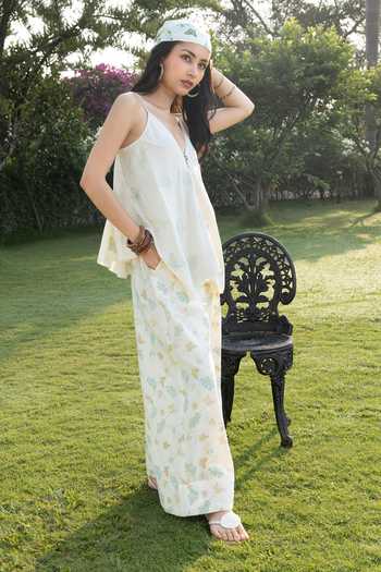 Buy_Akashi Clothing_Blue Cotton V-neck Embroidered Camisole Top And Pant Set _Online_at_Aza_Fashions