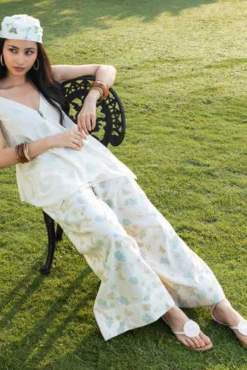 Shop_Akashi Clothing_Blue Cotton V-neck Embroidered Camisole Top And Pant Set _Online_at_Aza_Fashions