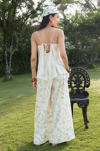 Shop_Akashi Clothing_Blue Cotton V-neck Embroidered Camisole Top And Pant Set _at_Aza_Fashions