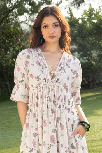 Akashi Clothing_Off White Cotton V-neck Hand Block Print Dress _Online_at_Aza_Fashions