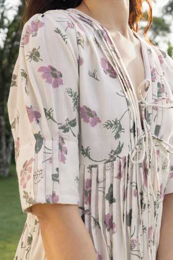 Buy_Akashi Clothing_Off White Cotton V-neck Hand Block Print Dress _Online_at_Aza_Fashions