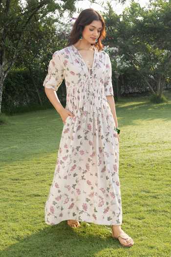 Shop_Akashi Clothing_Off White Cotton V-neck Hand Block Print Dress _Online_at_Aza_Fashions