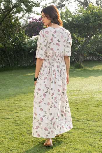 Shop_Akashi Clothing_Off White Cotton V-neck Hand Block Print Dress _at_Aza_Fashions