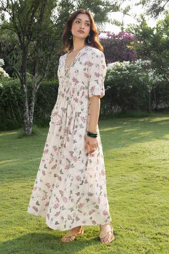 Akashi Clothing_Off White Cotton V-neck Hand Block Print Dress _at_Aza_Fashions