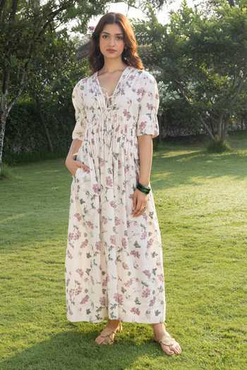 Buy_Akashi Clothing_Off White Cotton V-neck Hand Block Print Dress _at_Aza_Fashions