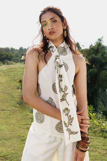 Buy_Akashi Clothing_Green Cotton Cowl Neck Embroidered Top And Pant Set _Online_at_Aza_Fashions