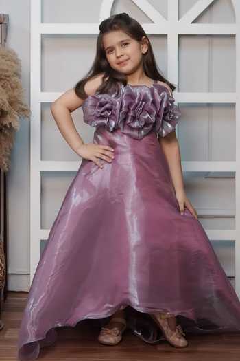 Buy_Jingle Bells_Purple Tissue Sequins, Fabric Flowers Applique Gown _at_Aza_Fashions