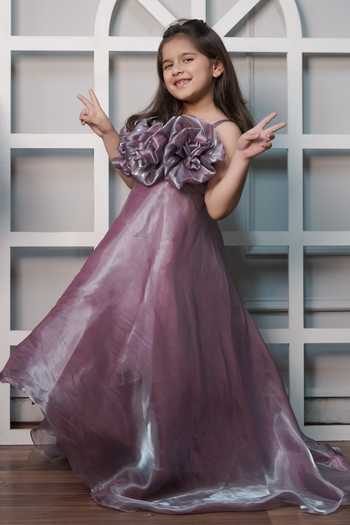Jingle Bells_Purple Tissue Sequins, Fabric Flowers Applique Gown _Online_at_Aza_Fashions