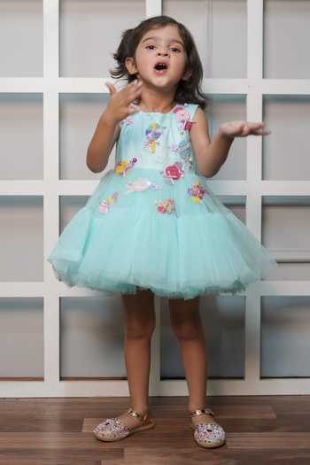 Buy_Jingle Bells_Green Cotton, Satin, Net Candy Embroidered Dress _at_Aza_Fashions