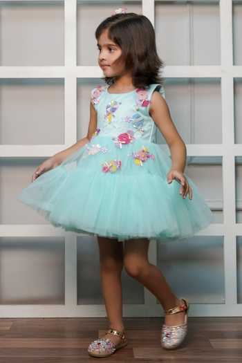 Jingle Bells_Green Cotton, Satin, Net Candy Embroidered Dress _Online_at_Aza_Fashions
