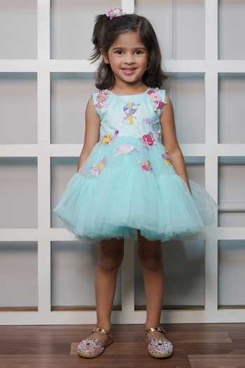 Shop_Jingle Bells_Green Cotton, Satin, Net Candy Embroidered Dress _at_Aza_Fashions