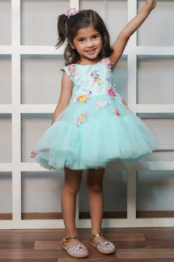 Shop_Jingle Bells_Green Cotton, Satin, Net Candy Embroidered Dress _Online_at_Aza_Fashions
