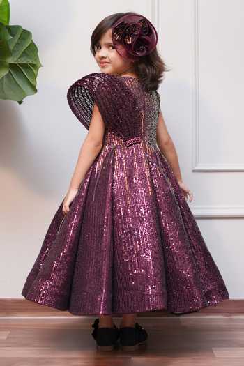 Shop_Jingle Bells_Wine Sequins, Fabric Flowers Work Gown _Online_at_Aza_Fashions