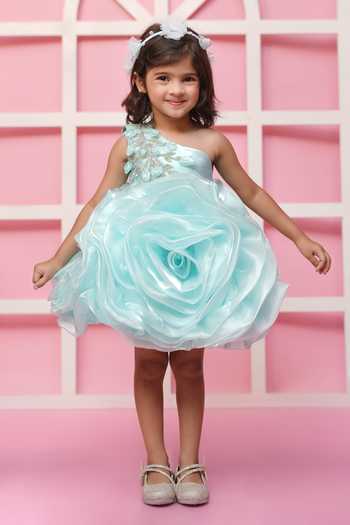 Buy_Jingle Bells_Green Tissue Flower Embroidered Dress _at_Aza_Fashions