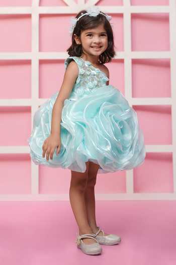 Shop_Jingle Bells_Green Tissue Flower Embroidered Dress _Online_at_Aza_Fashions