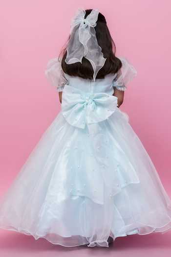 Jingle Bells_Blue Organza Pearls, Applique, Fabric Flowers, Bows Floral Gown _Online_at_Aza_Fashions