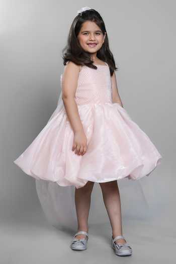 Jingle Bells_Peach Tissue Flower Embroidered Dress _Online_at_Aza_Fashions