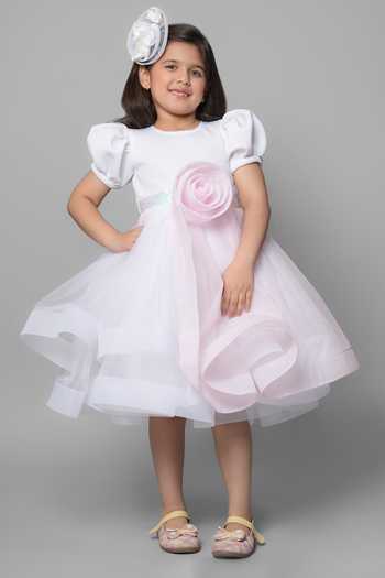 Buy_Jingle Bells_White Net 3d Floral Embroidered Dress _at_Aza_Fashions