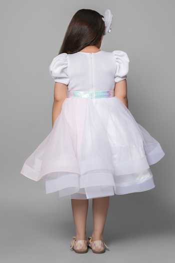 Shop_Jingle Bells_White Net 3d Floral Embroidered Dress _at_Aza_Fashions