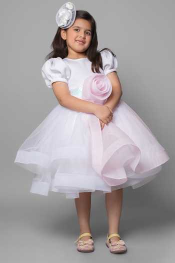 Jingle Bells_White Net 3d Floral Embroidered Dress _Online_at_Aza_Fashions