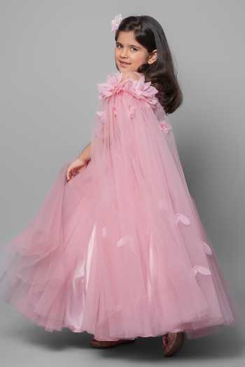 Jingle Bells_Pink Net Fabric Flowers Embroidered Gown _Online_at_Aza_Fashions