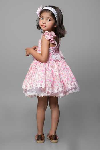 Jingle Bells_Pink Cotton Flower Embroidered Dress _Online_at_Aza_Fashions