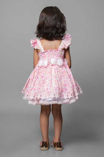 Shop_Jingle Bells_Pink Cotton Flower Embroidered Dress _at_Aza_Fashions