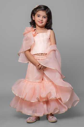 Buy_Jingle Bells_Peach Tissue Embroidered Top Gharara Set _at_Aza_Fashions