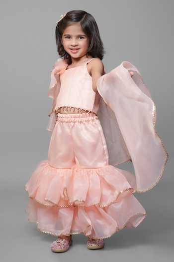 Shop_Jingle Bells_Peach Tissue Embroidered Top Gharara Set _Online_at_Aza_Fashions