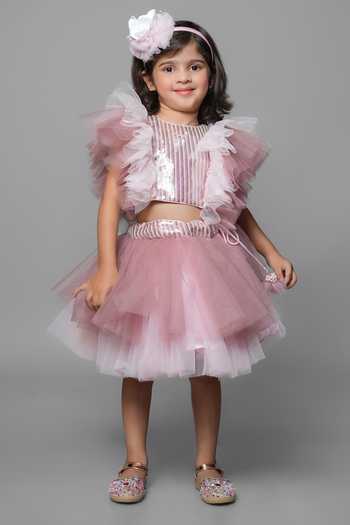 Buy_Jingle Bells_Pink Net Sequin Embroidered Top And Skirt Set _at_Aza_Fashions
