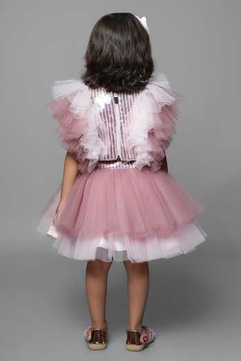 Shop_Jingle Bells_Pink Net Sequin Embroidered Top And Skirt Set _at_Aza_Fashions