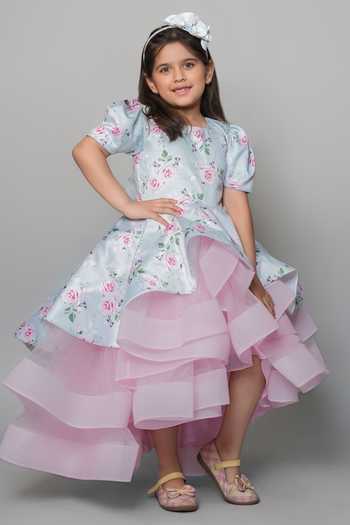 Buy_Jingle Bells_Pink Cotton, Net Floral Print Dress With Detachable Bow _at_Aza_Fashions
